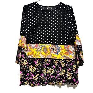Calessa Womens Small‎ Blouse Tunic Top Polka Dot Floral Mixed Print Long Sleeve